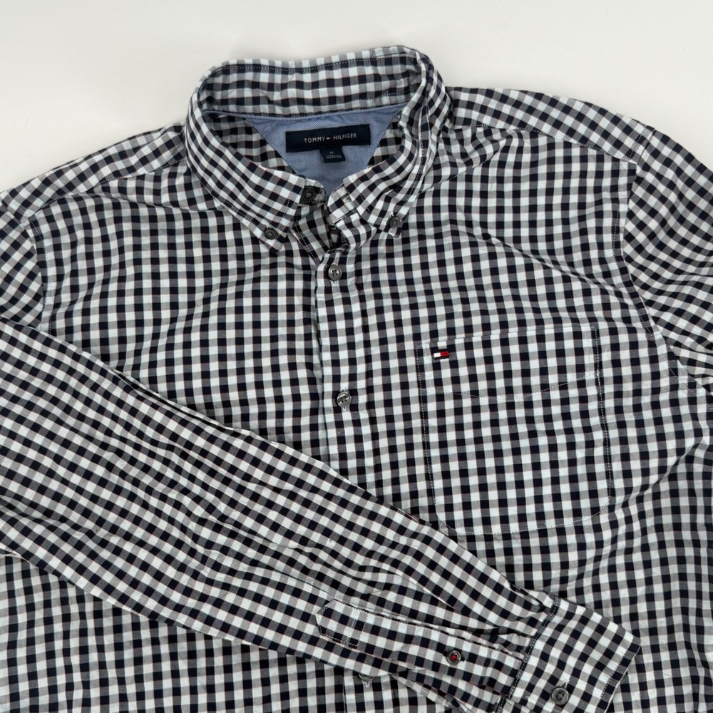 Tommy Hilfiger Mens Black White Gingham‎ Button Down Shirt Long Sleeve Size M